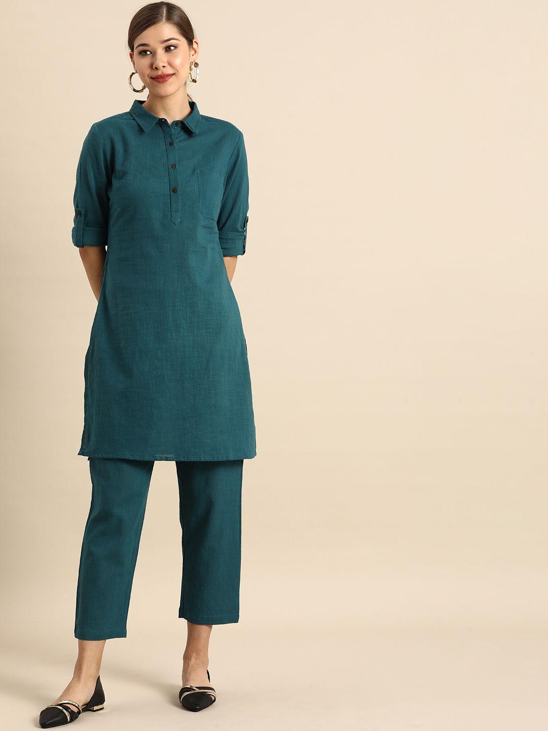 anouk women teal blue pure cotton kurta with trousers