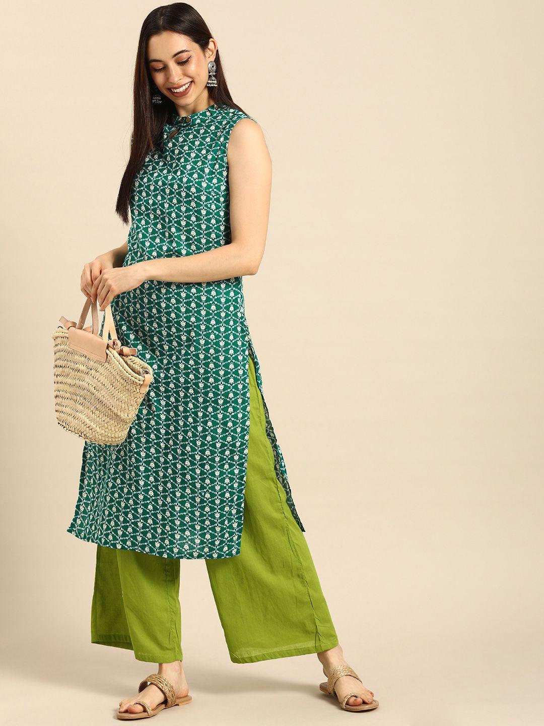anouk women teal green & white printed pure cotton kurta with palazzos