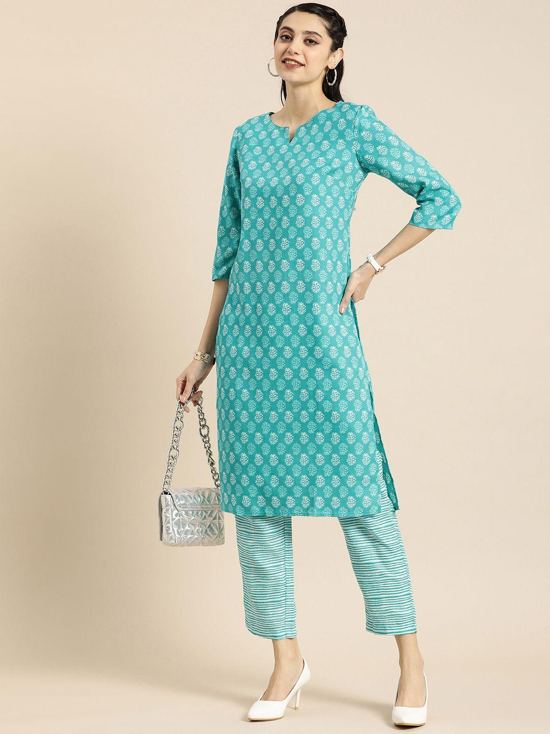 anouk women teal printed kurta with trousers