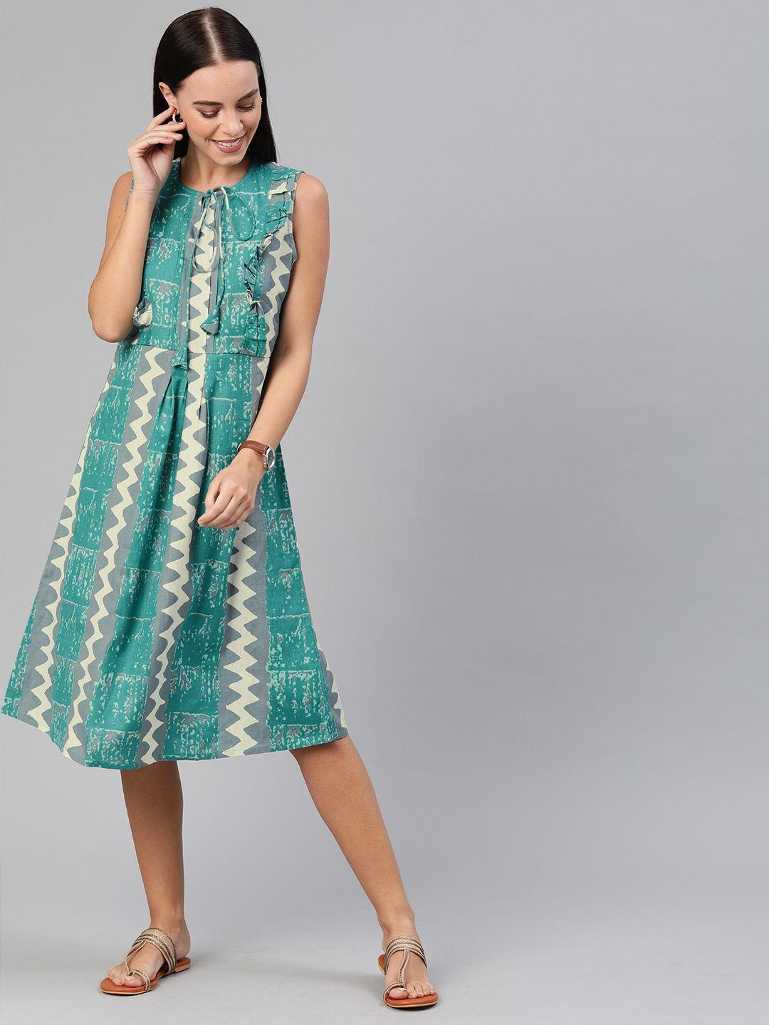 anouk women turquoise blue & grey printed a-line dress