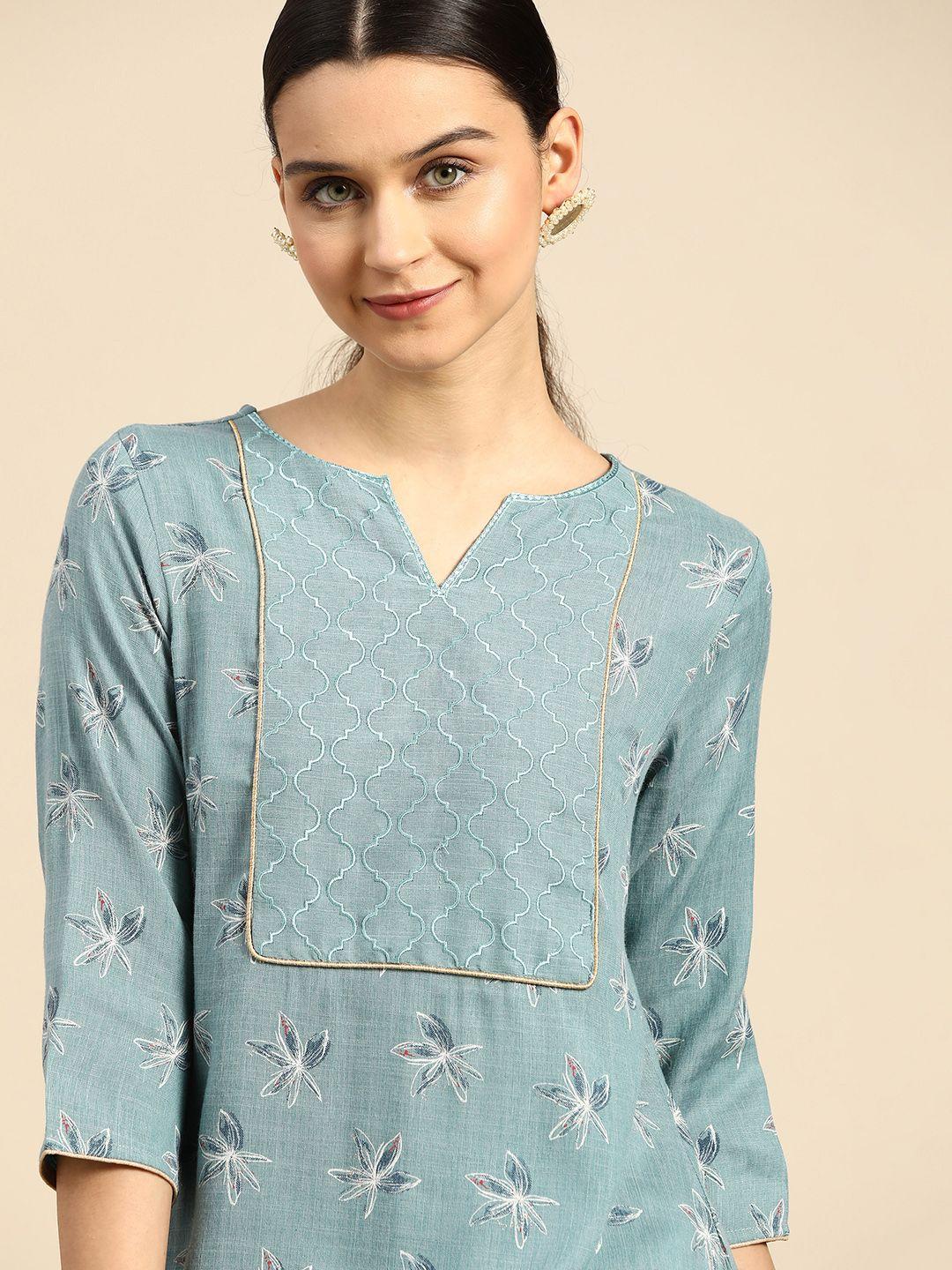 anouk women turquoise blue & white floral embroidered thread work kurta