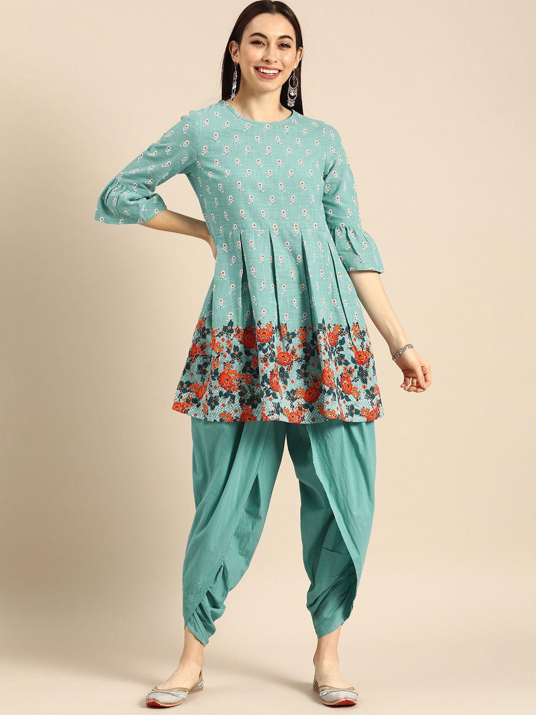 anouk women turquoise blue & white printed kurti with dhoti pants