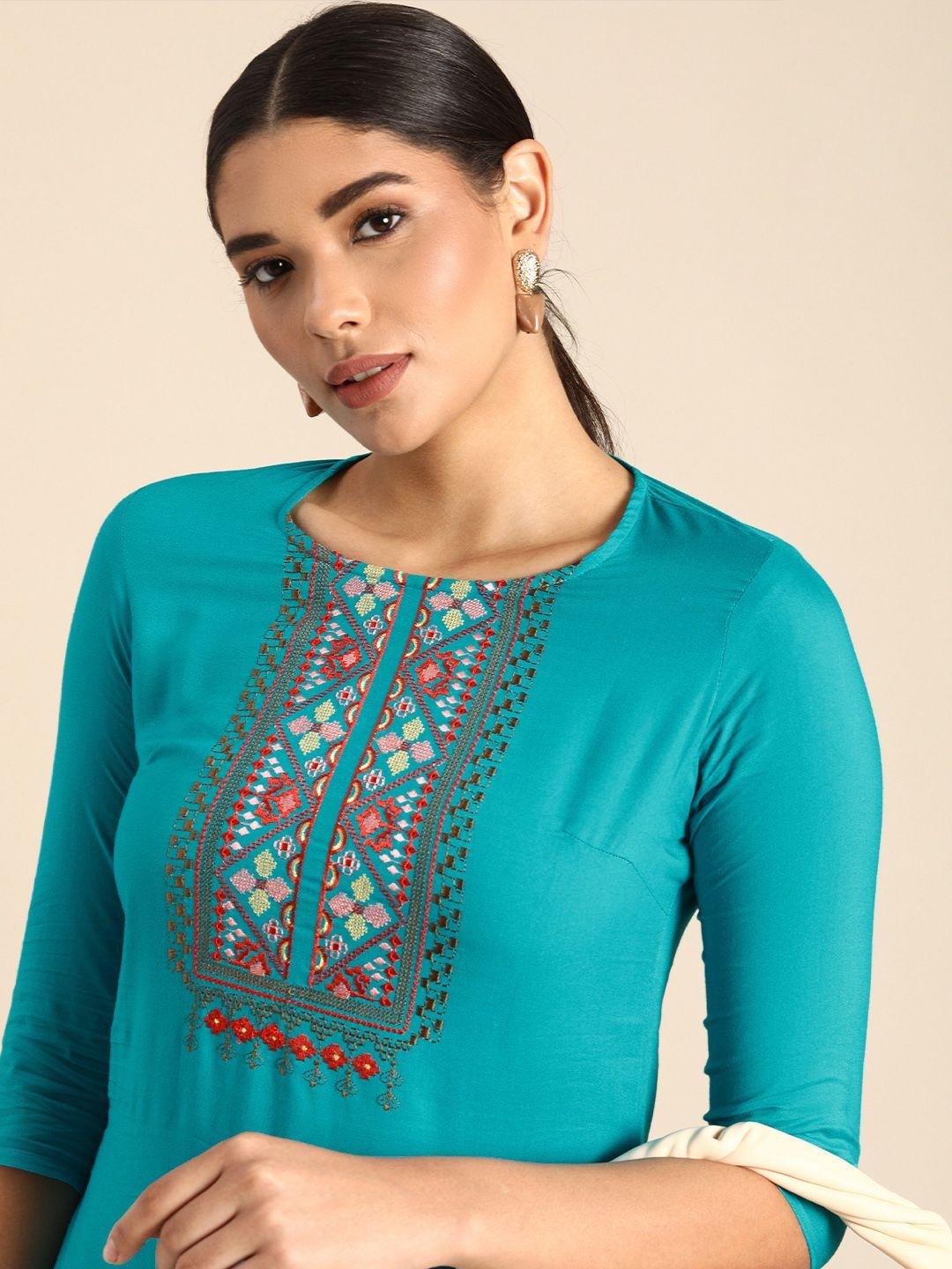 anouk women turquoise blue embroidered kurta