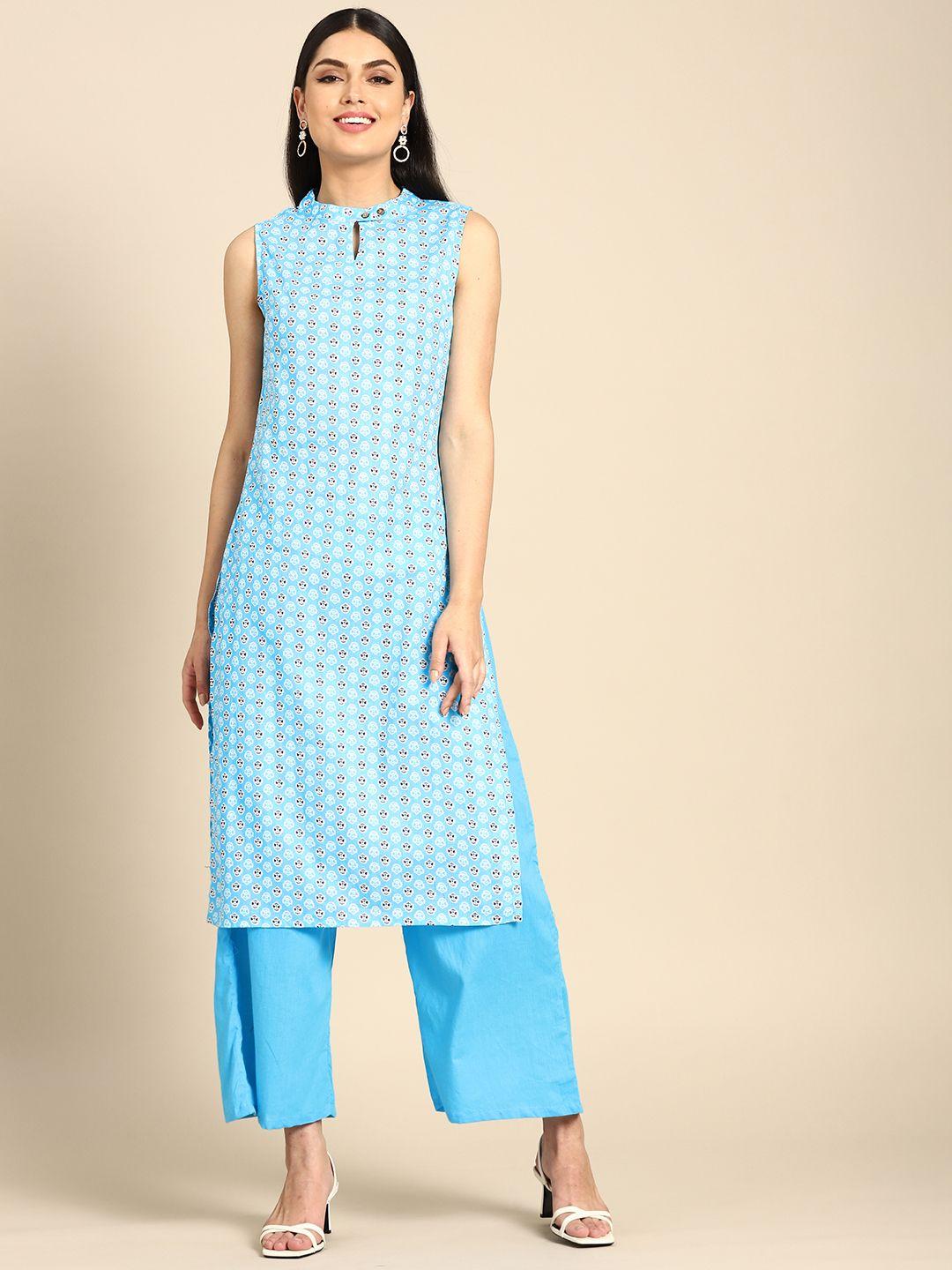anouk women turquoise blue pure cotton printed regular kurta with trousers