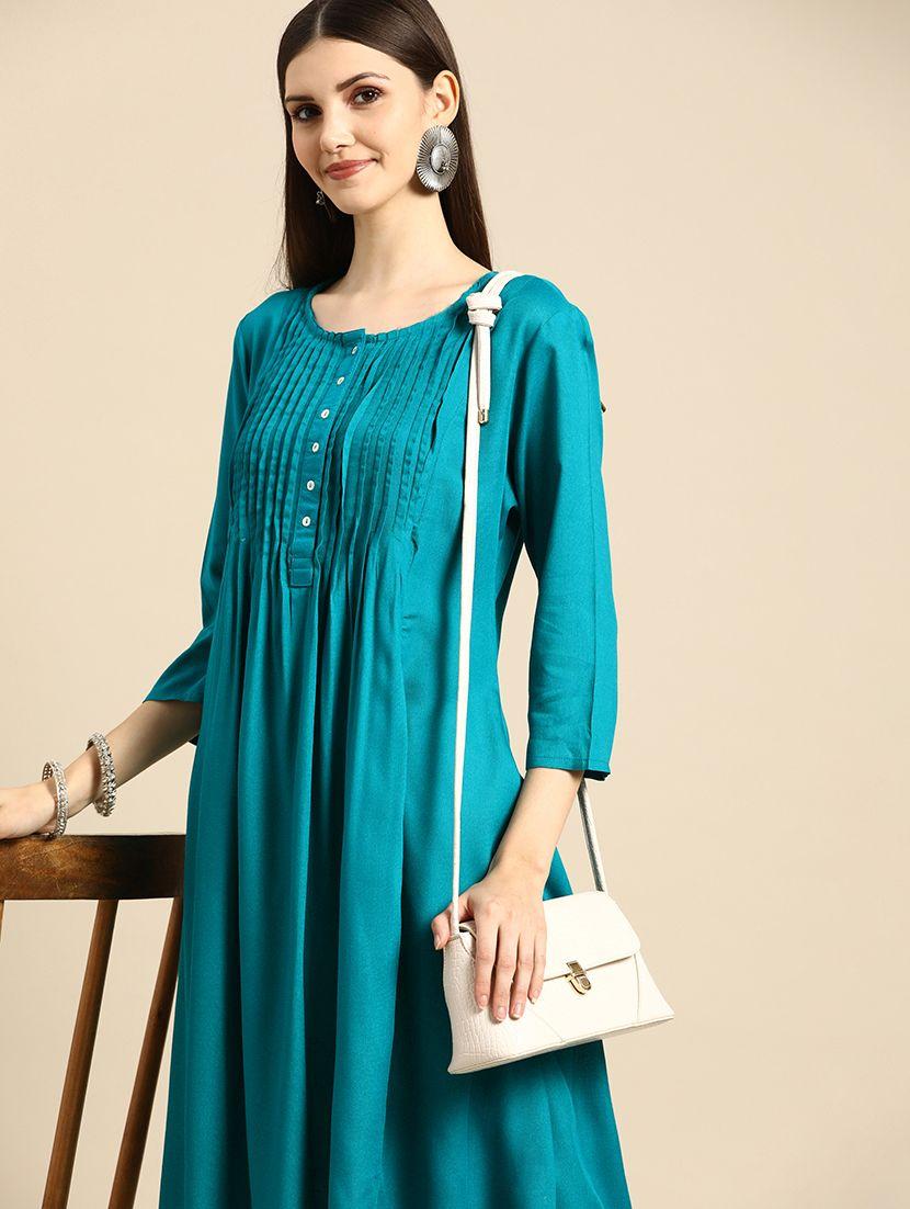 anouk women turquoise blue solid a-line kurta