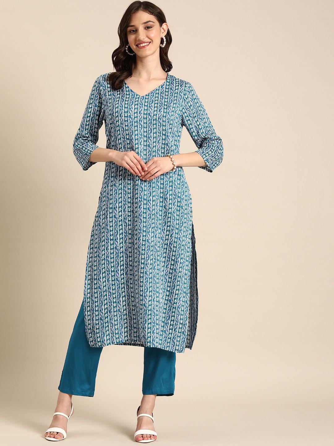 anouk women v-neck ethnic motifs printed kurta & trousers