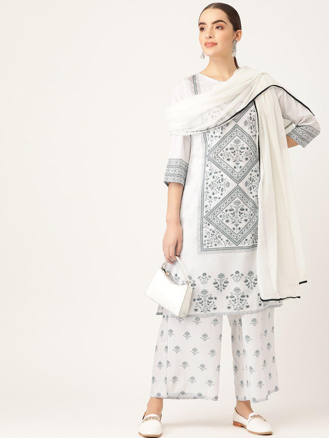 anouk women white & black ethnic motifs printed kurta with palazzos & with dupatta