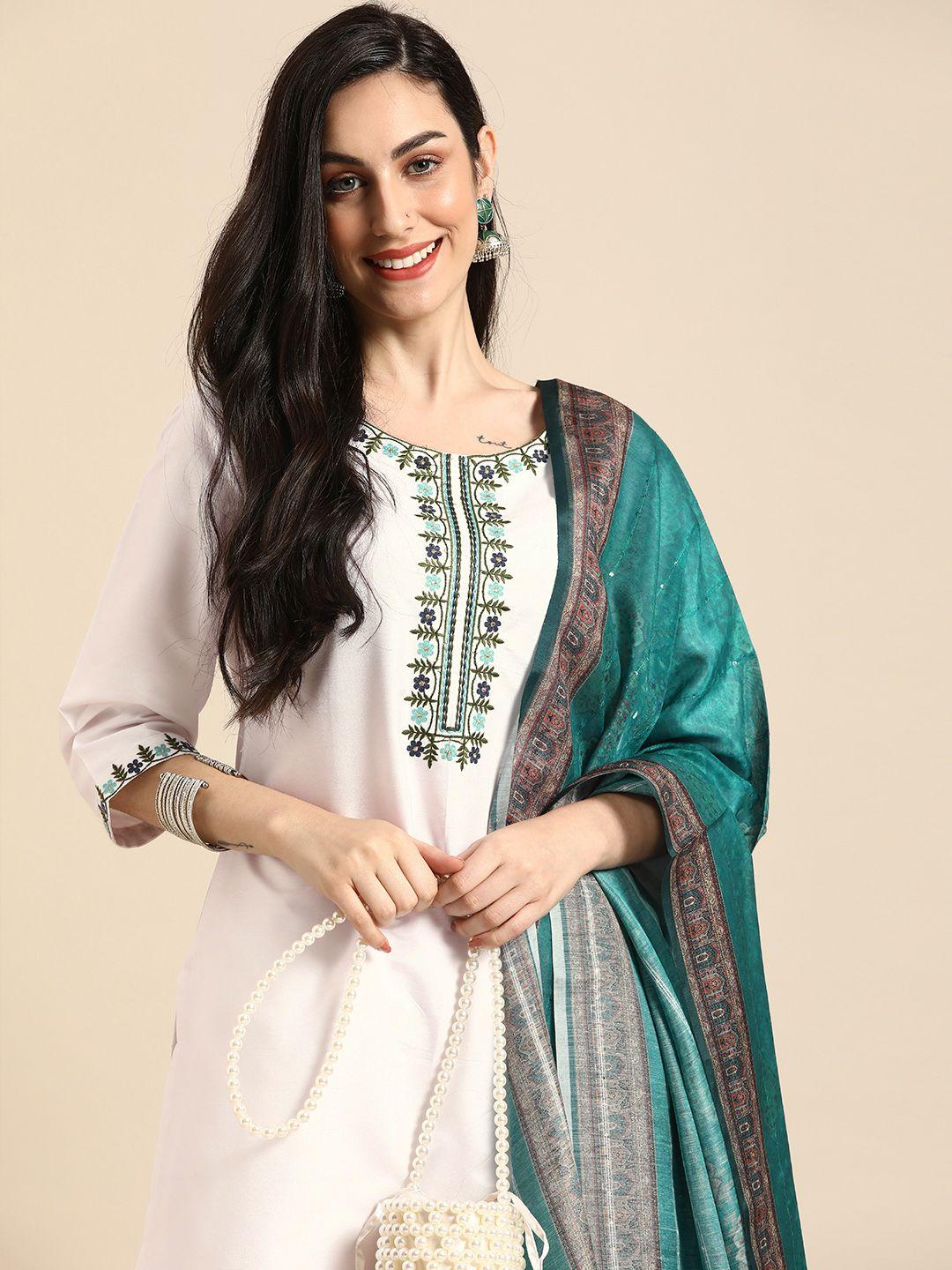 anouk women white & blue floral embroidered thread work kurta with trousers & dupatta