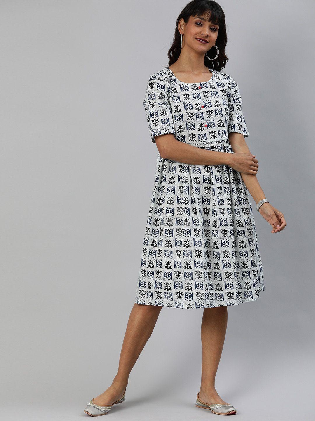 anouk women white & blue printed gathered a-line dress