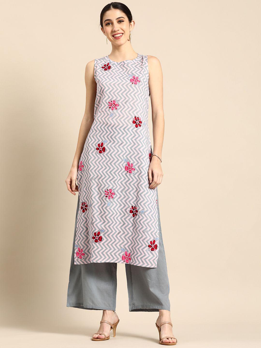 anouk women white & grey floral printed pure cotton kurta with palazzos