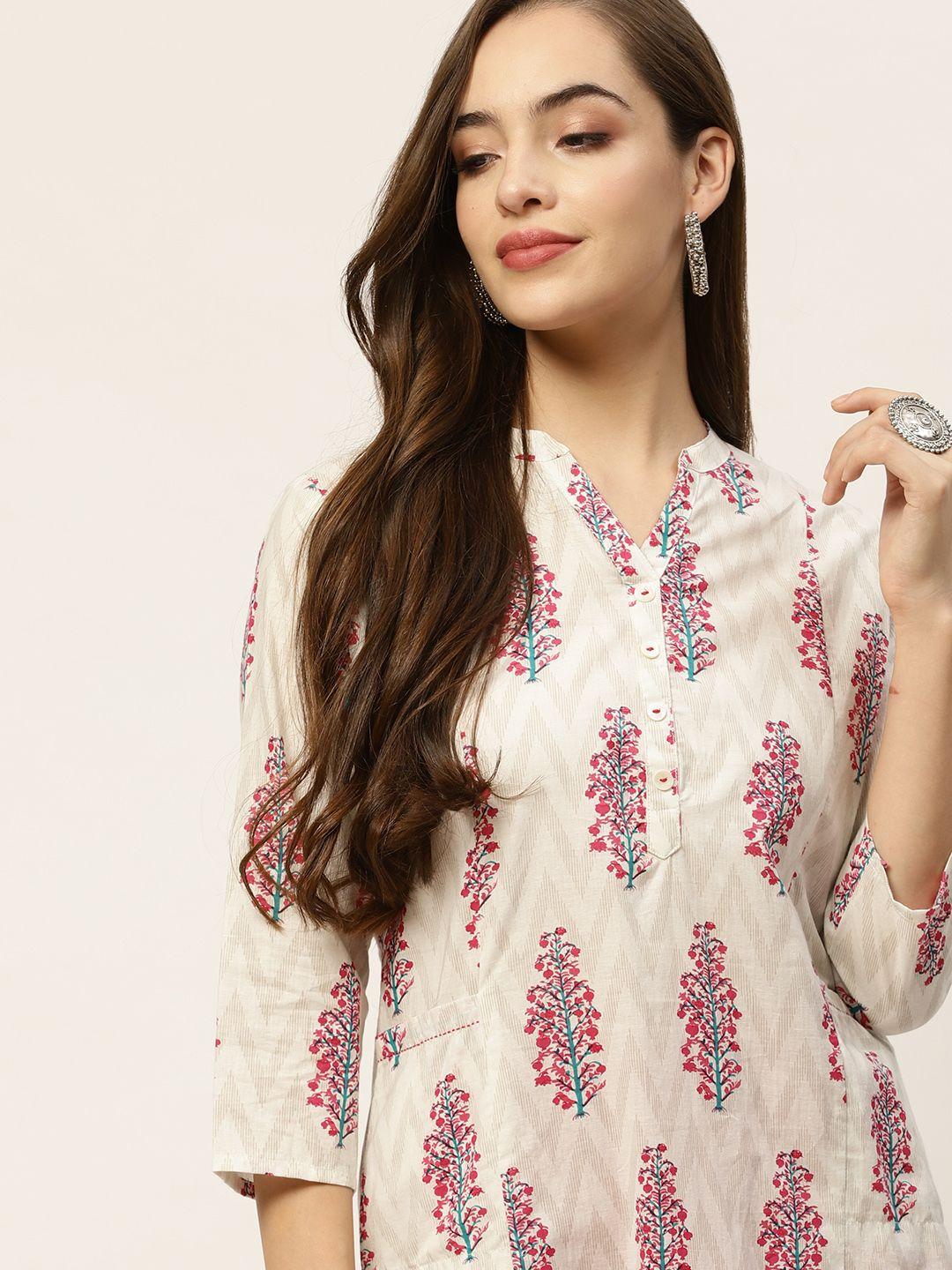 anouk women white & pink cotton ethnic motifs printed straight kurta with pockets