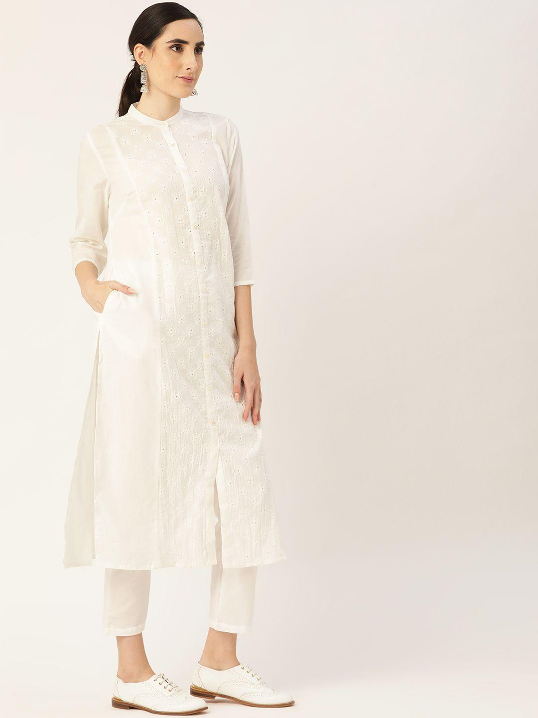 anouk women white ethnic motifs embroidered panelled pure cotton kurta with trousers