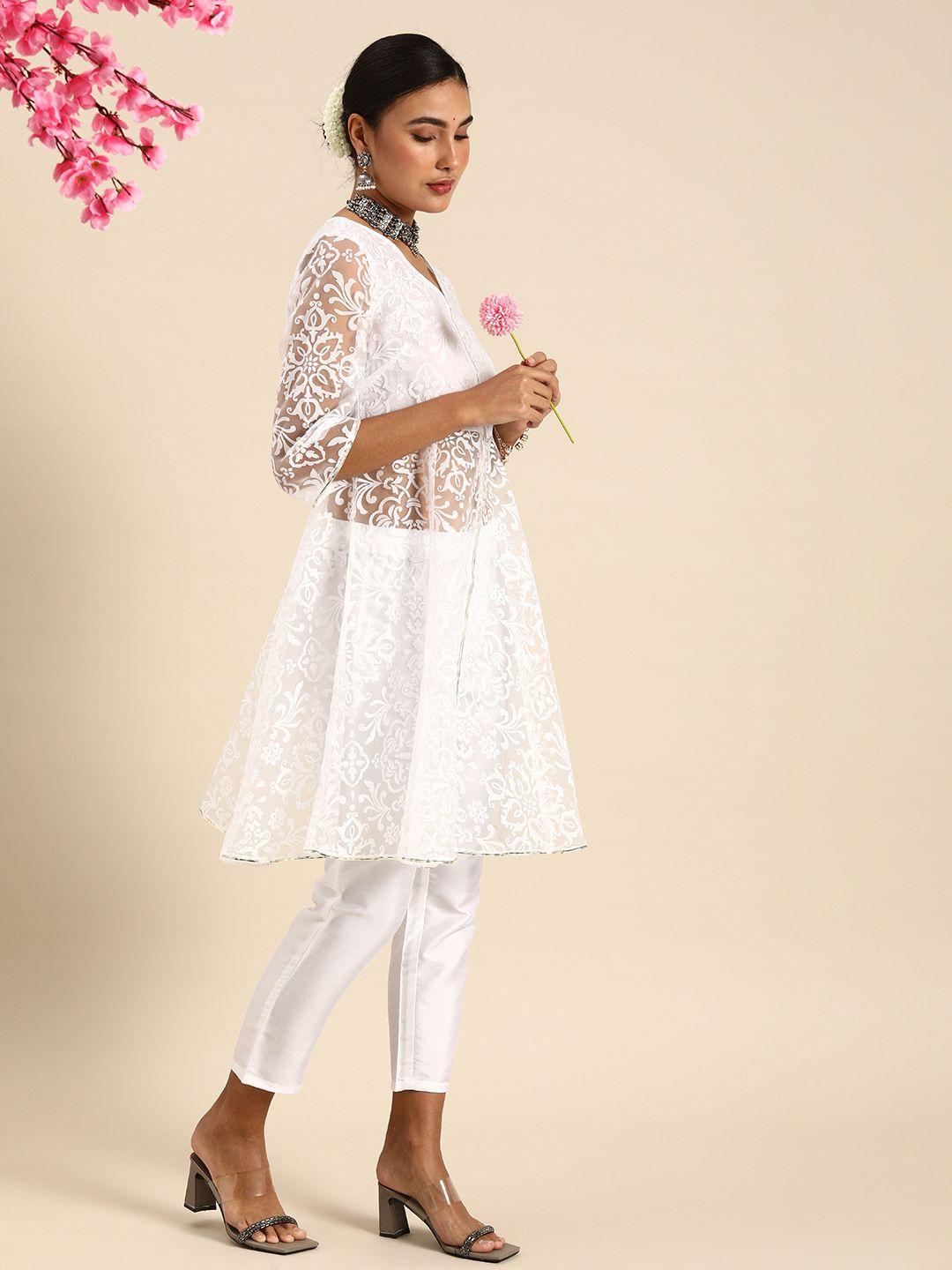 anouk women white ethnic motifs printed kurti with trousers