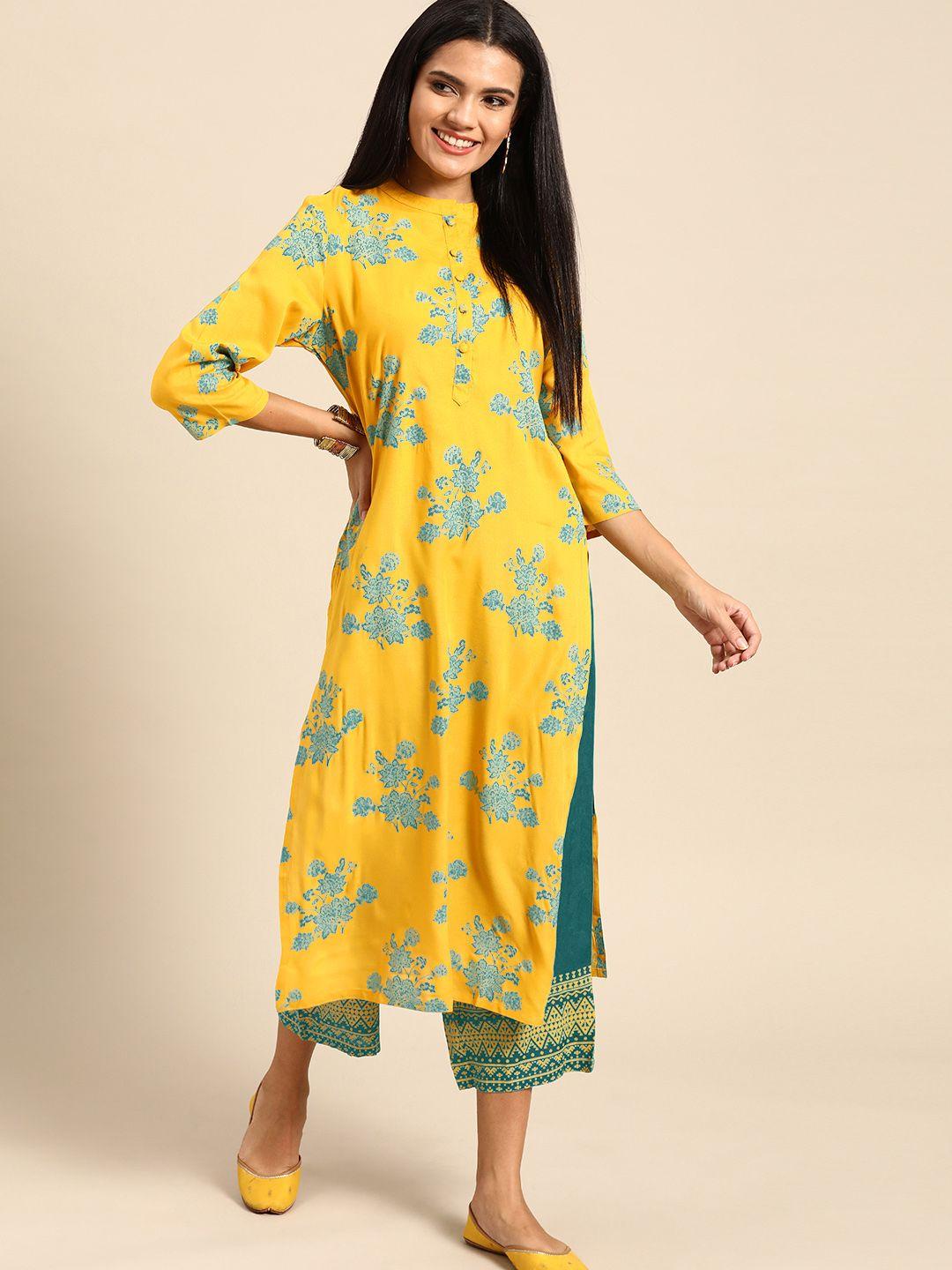 anouk women yellow & blue printed kurta with palazzos