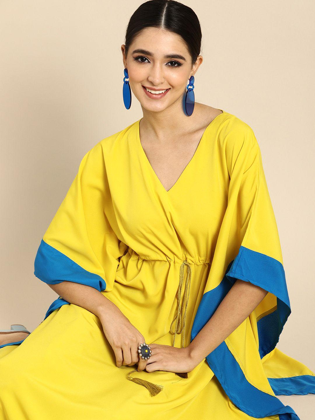 anouk women yellow & blue solid kaftan kurta