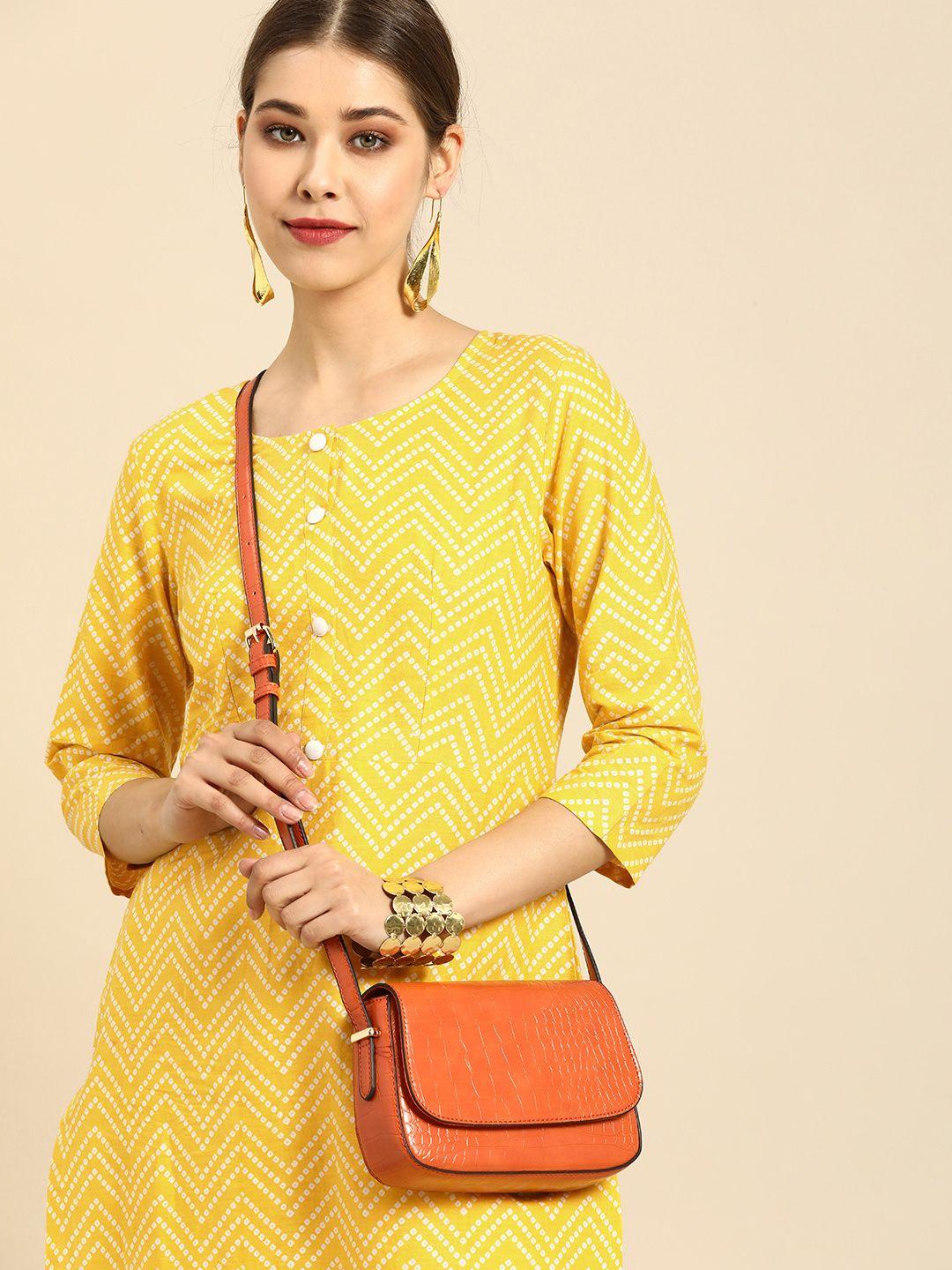 anouk women yellow & white bandhani printed pure cotton kurta with palazzos