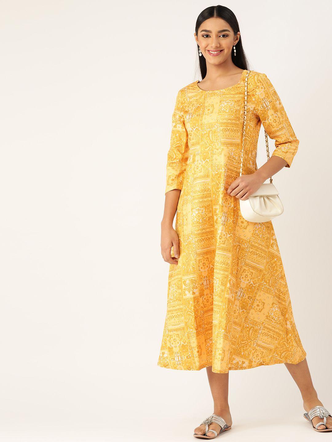 anouk women yellow & white ethnic motifs printed a-line midi dress