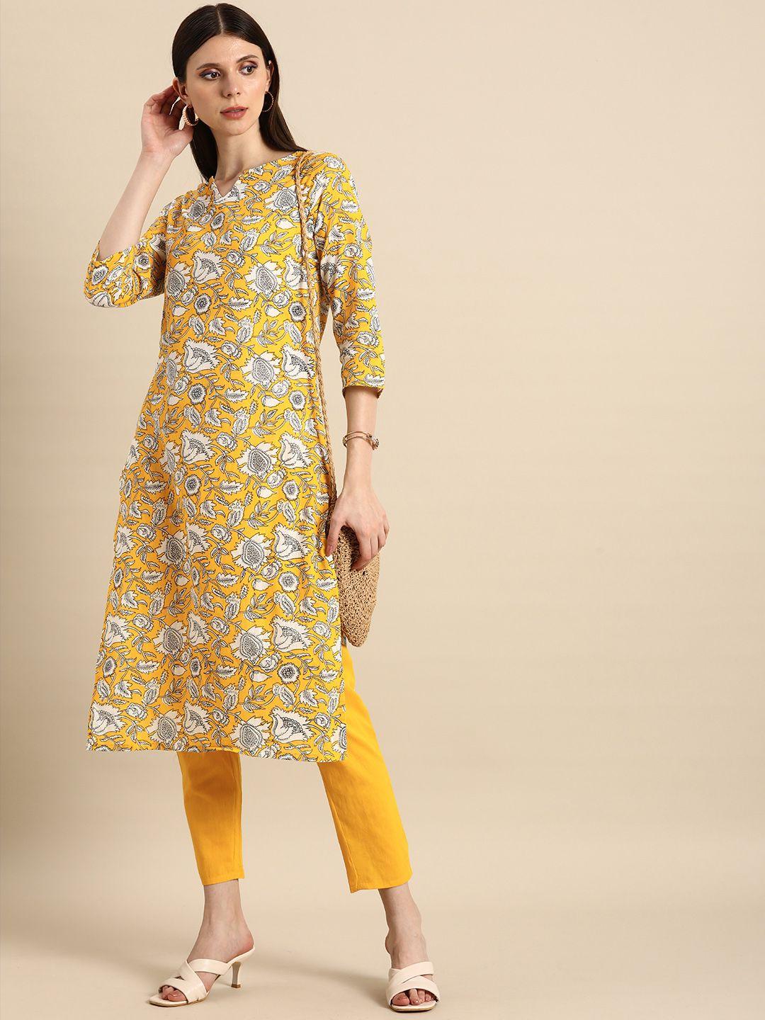 anouk women yellow & white floral printed pure cotton kurta with trousers