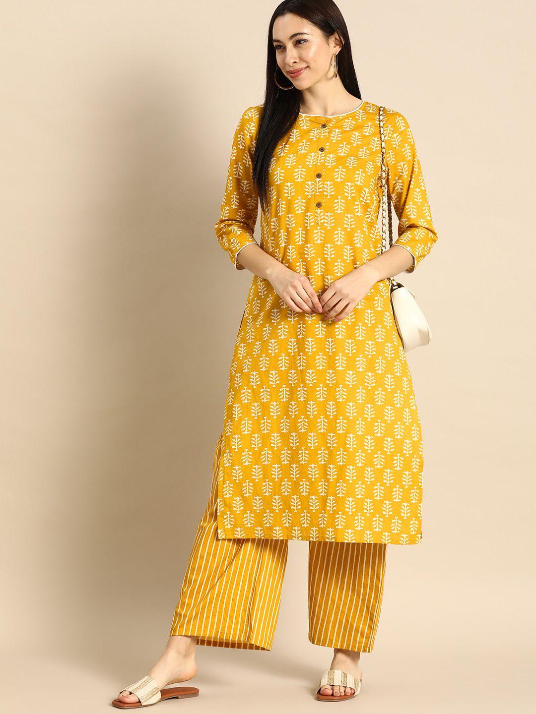 anouk women yellow & white printed kurta with palazzos