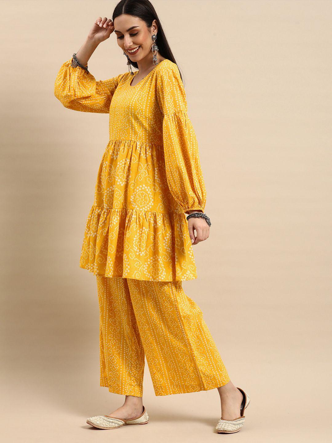 anouk women yellow bandhani printed pure cotton kurta with palazzos