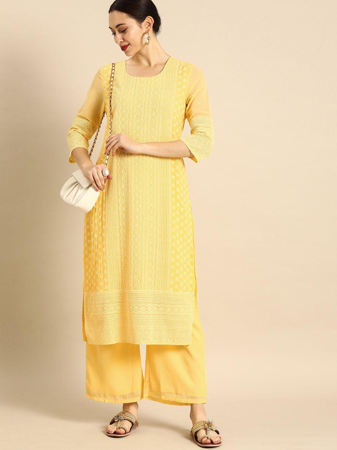 anouk women yellow chikankari embroidered kurta with palazzos