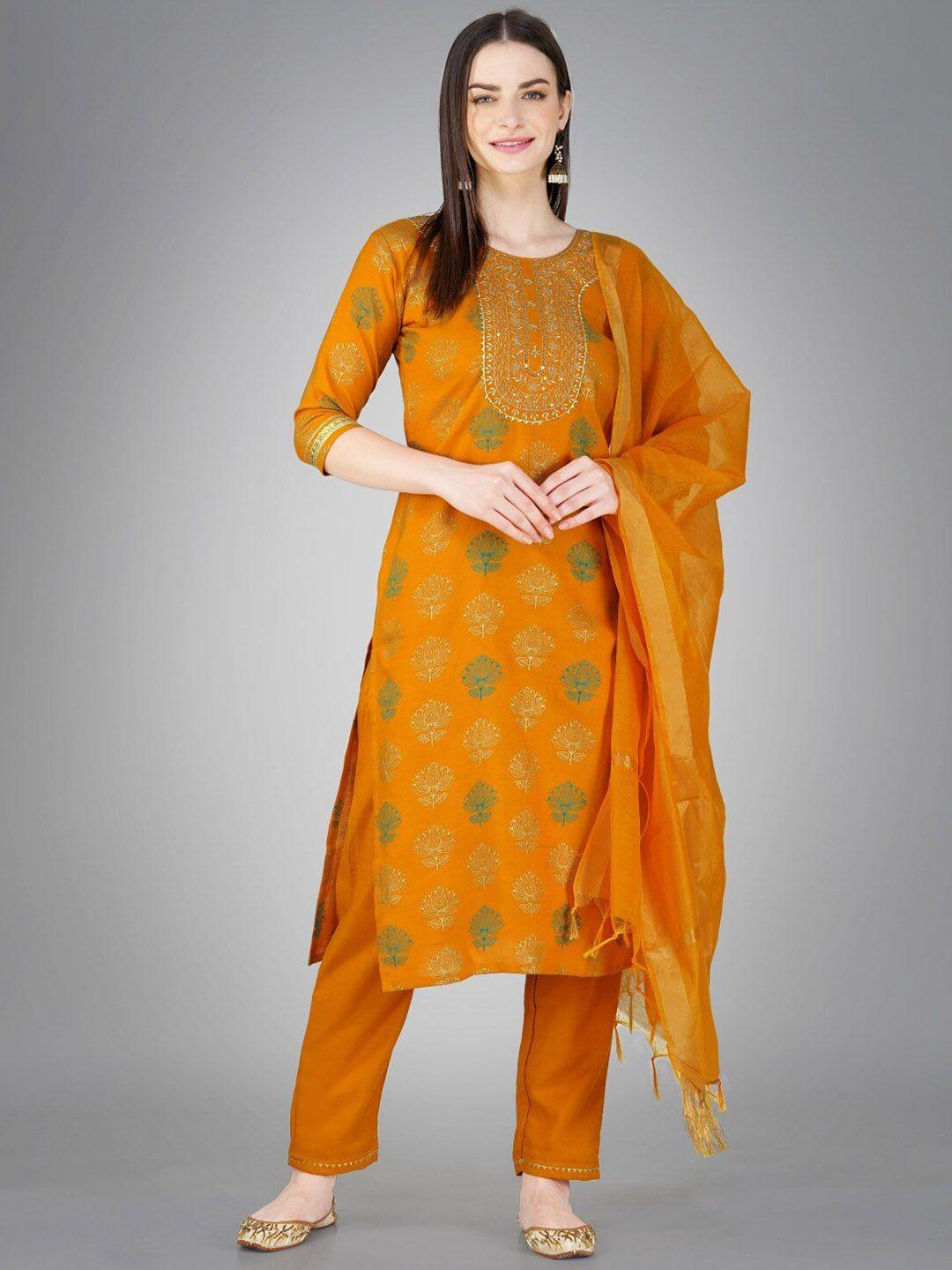 anouk women yellow embroidered regular sequinned kurta with trousers & with dupatta