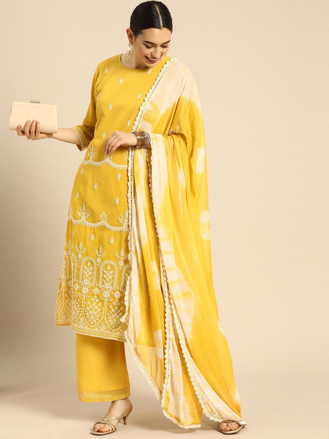 anouk women yellow ethnic motifs embroidered regular kurta with palazzos & with dupatta