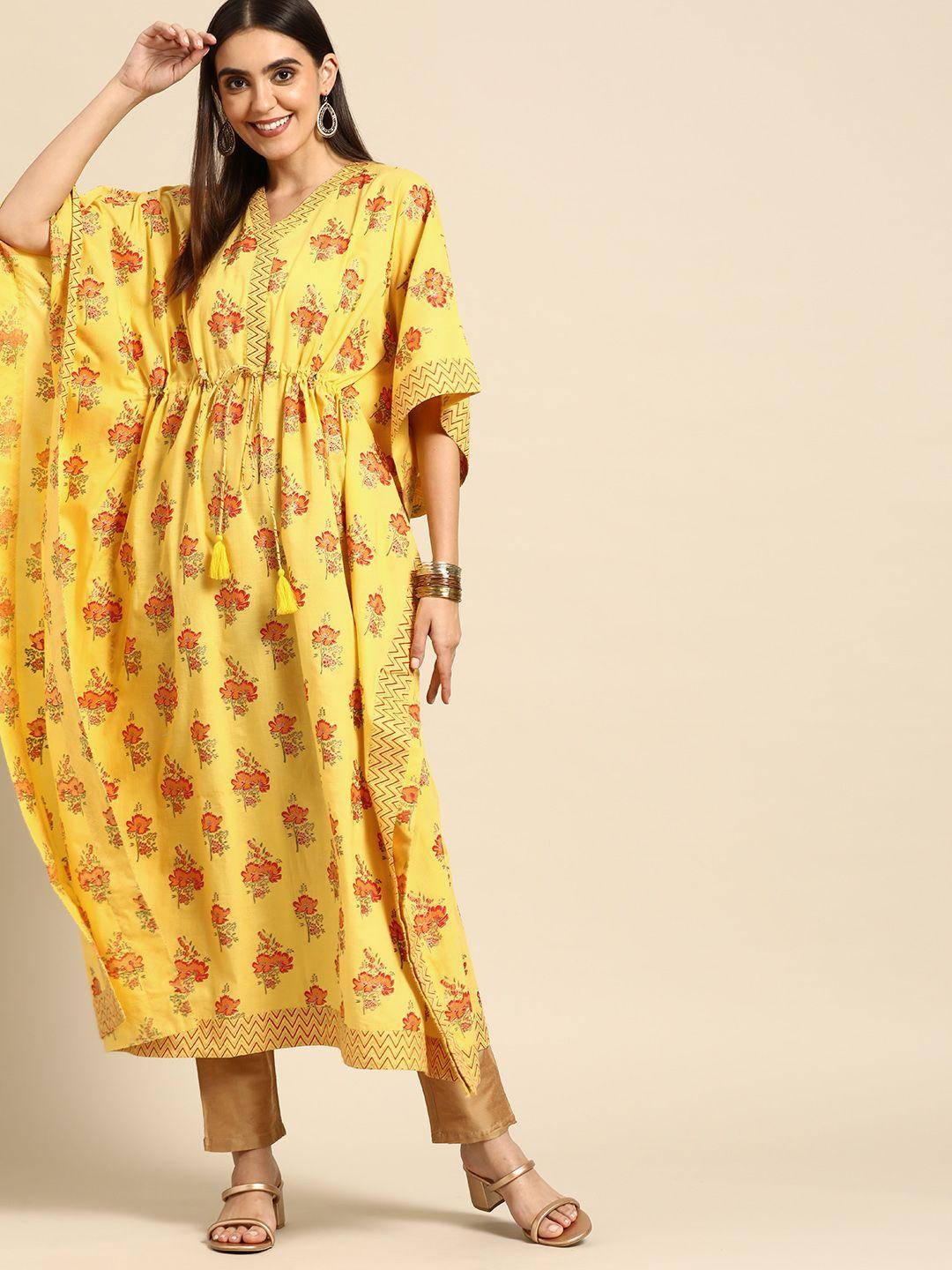 anouk women yellow ethnic motifs printed flared sleeves kaftan kurta