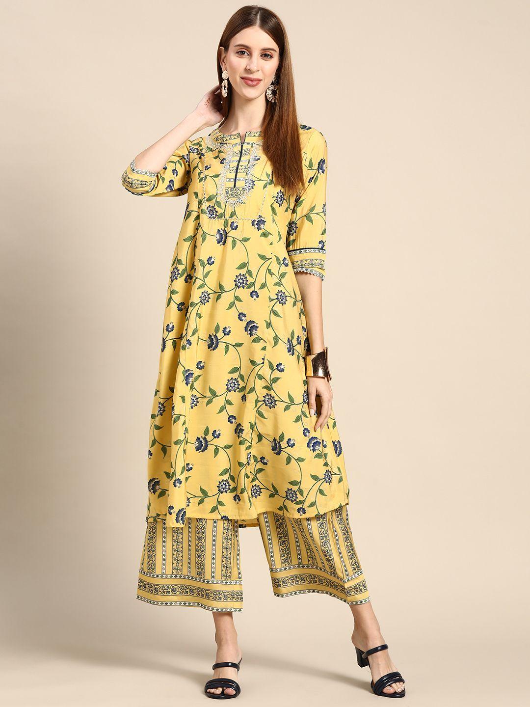 anouk women yellow ethnic motifs printed gotta patti pure cotton kurta with palazzos