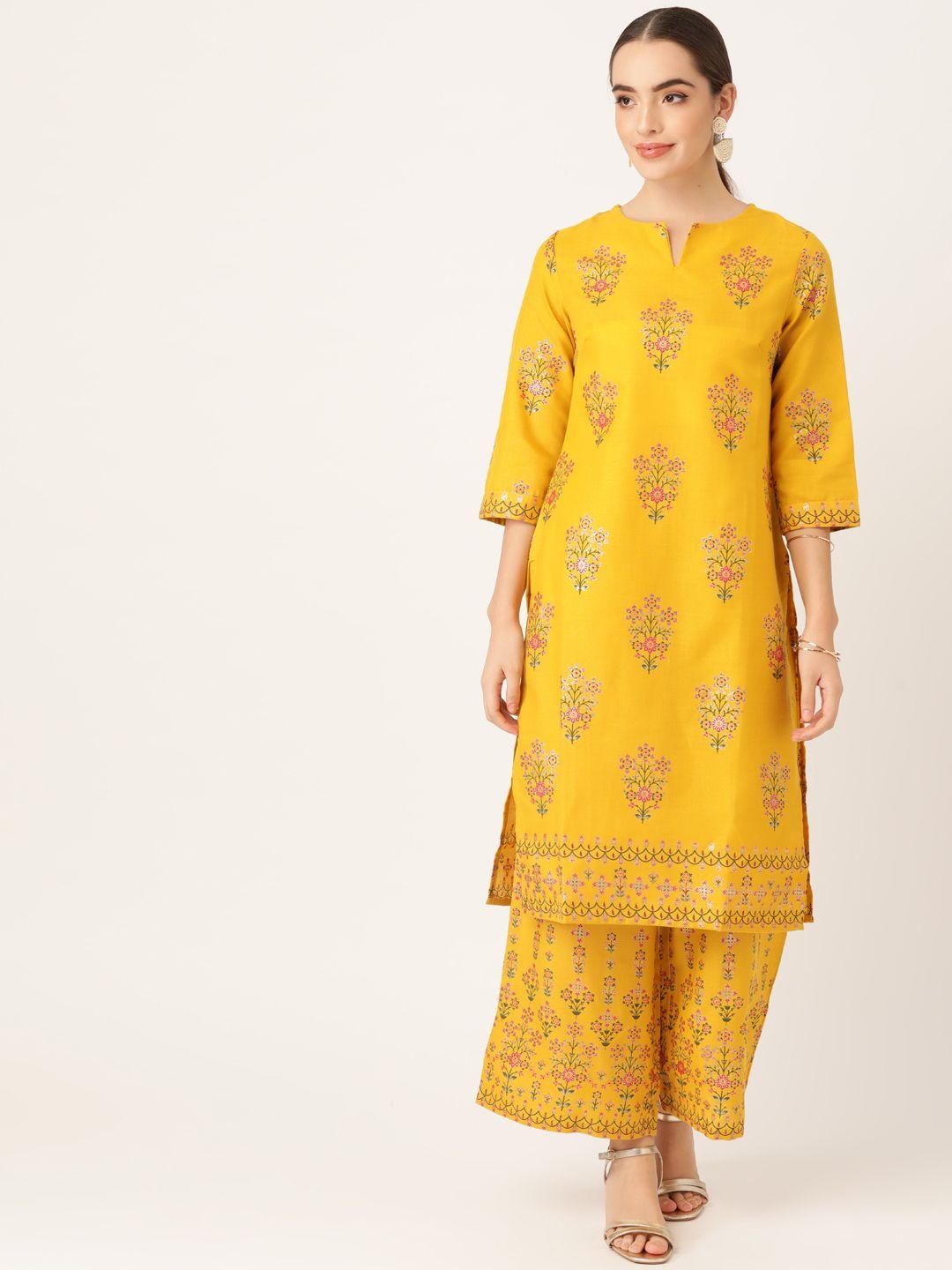 anouk women yellow ethnic motifs printed kurta with palazzos