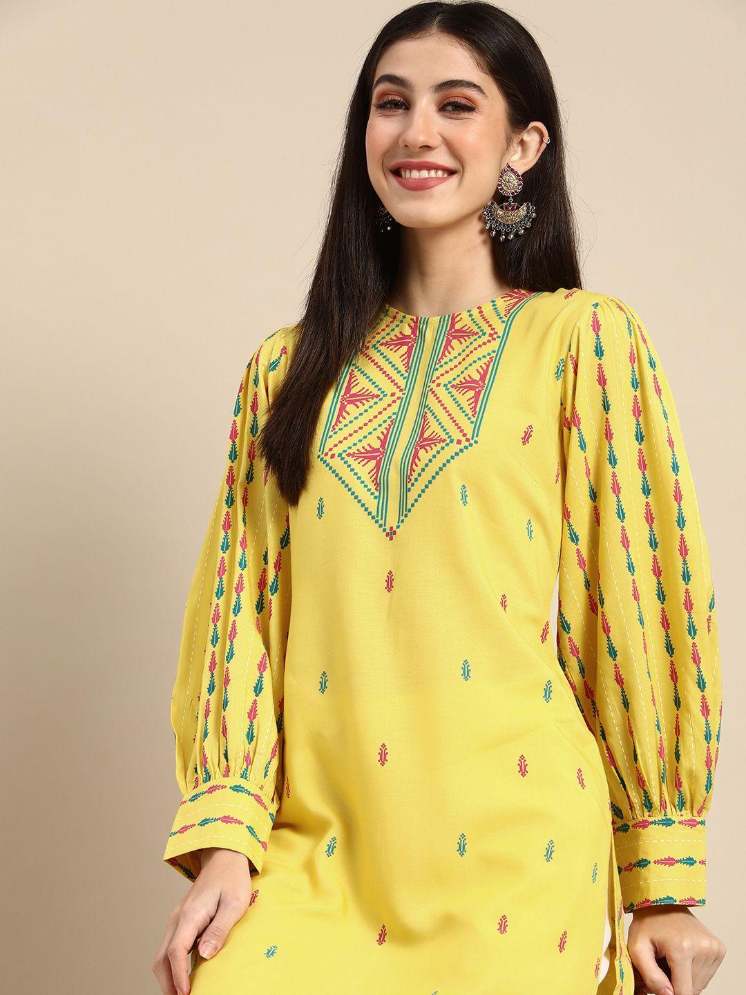 anouk women yellow ethnic motifs printed kurta
