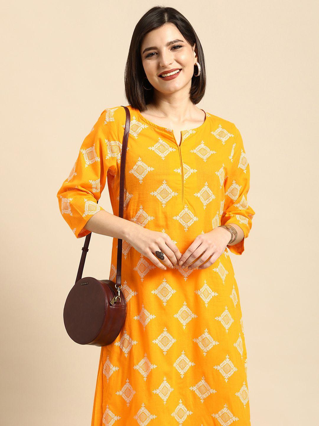 anouk women yellow ethnic motifs printed pure cotton kurta with palazzos