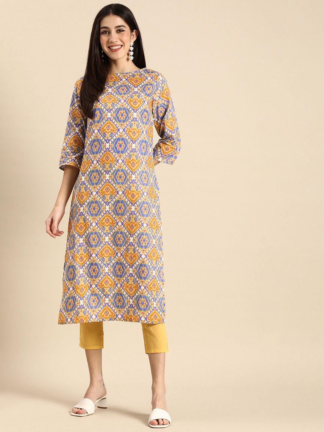 anouk women yellow ethnic motifs printed pure cotton kurta with trousers