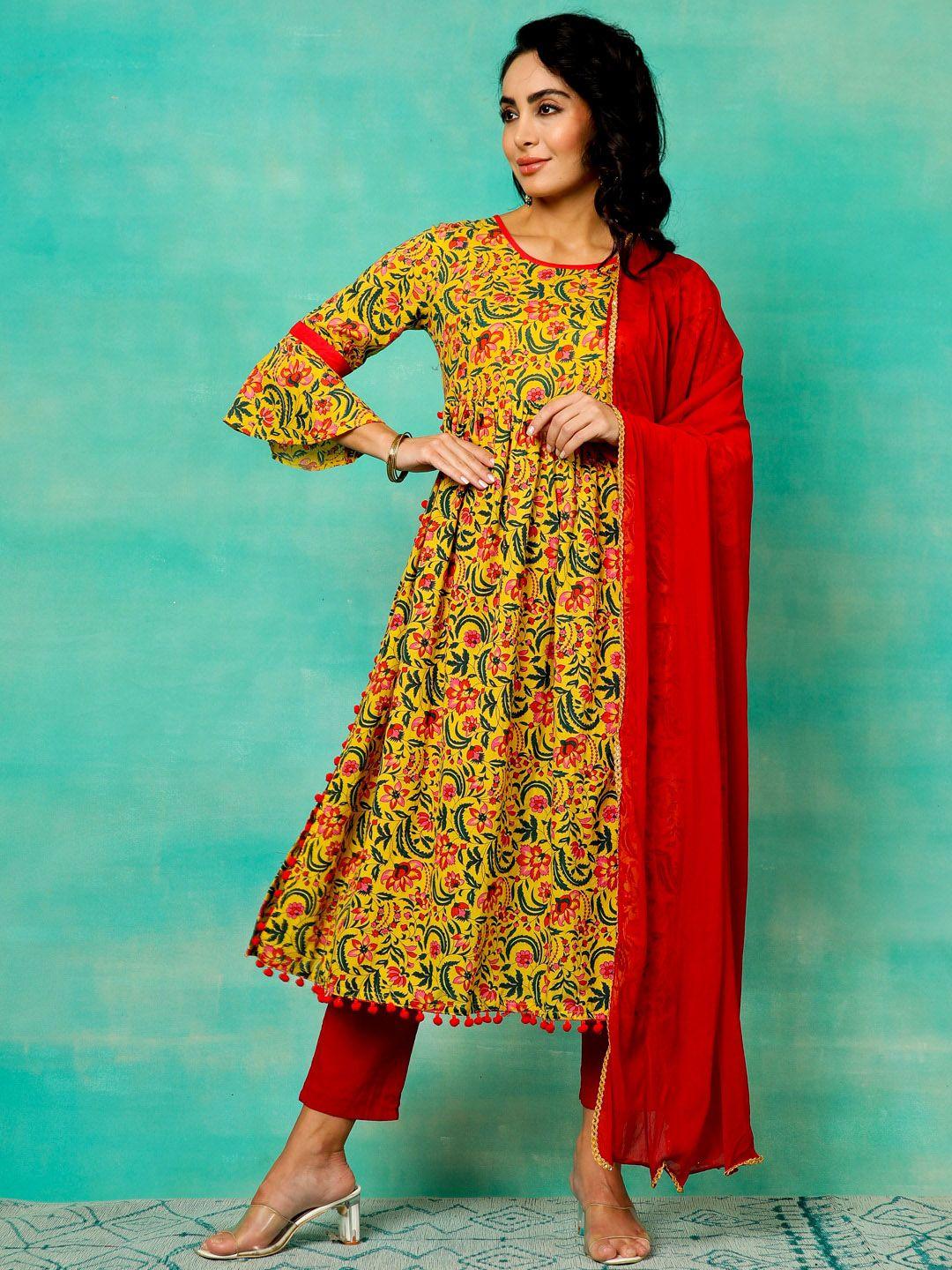 anouk women yellow floral printed empire pure cotton kurta with trousers & with dupatta