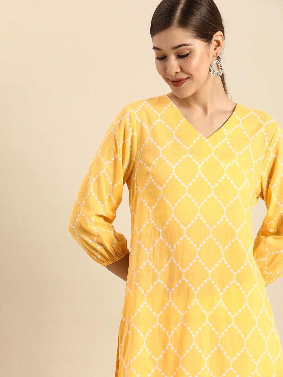 anouk women yellow geometric printed pure cotton kurta