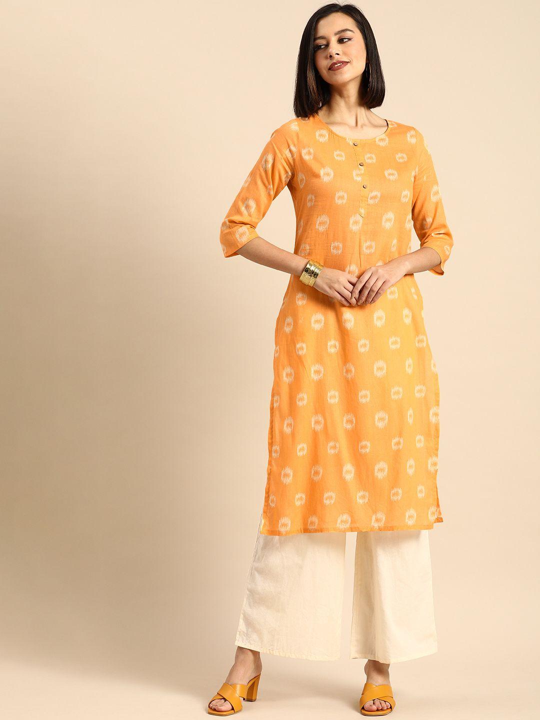 anouk women yellow ikat casual kurta