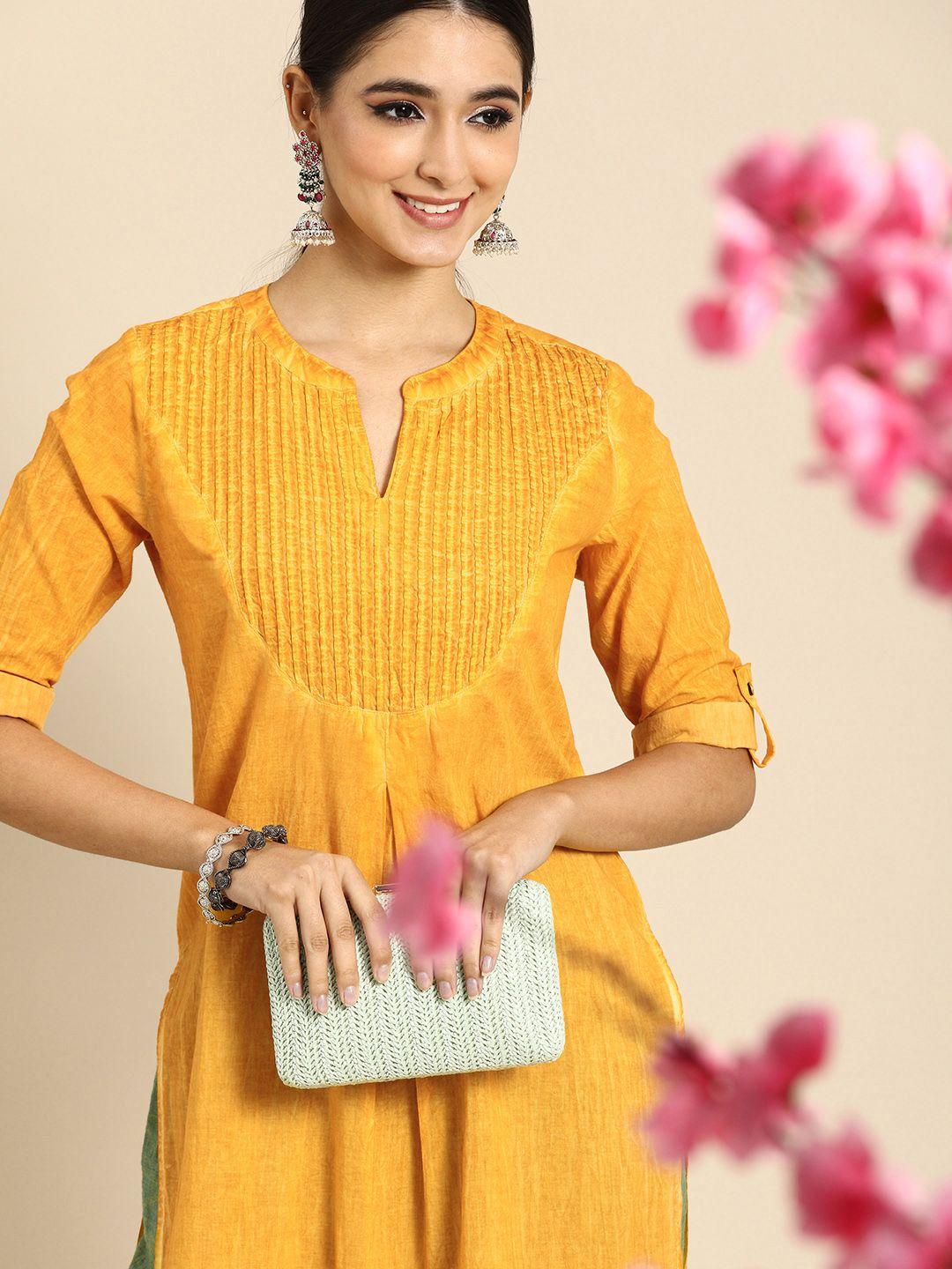 anouk women yellow solid pure cotton kurta