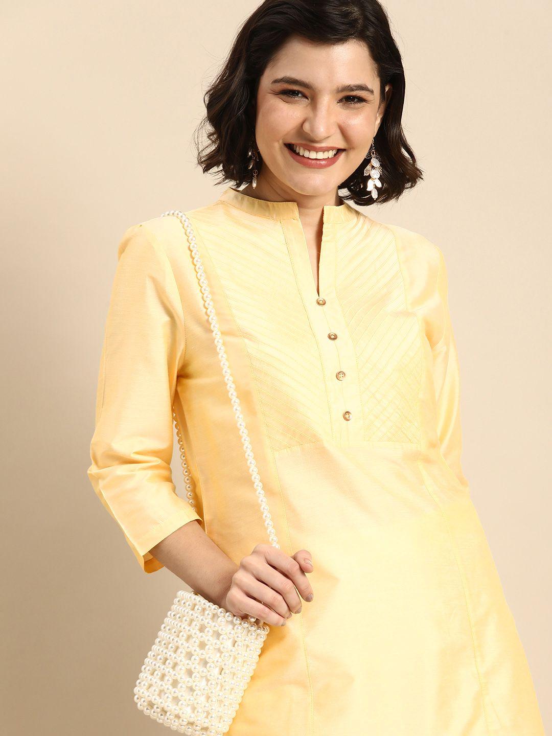 anouk women yellow striped v-neck regular kurta with pin tuck detail