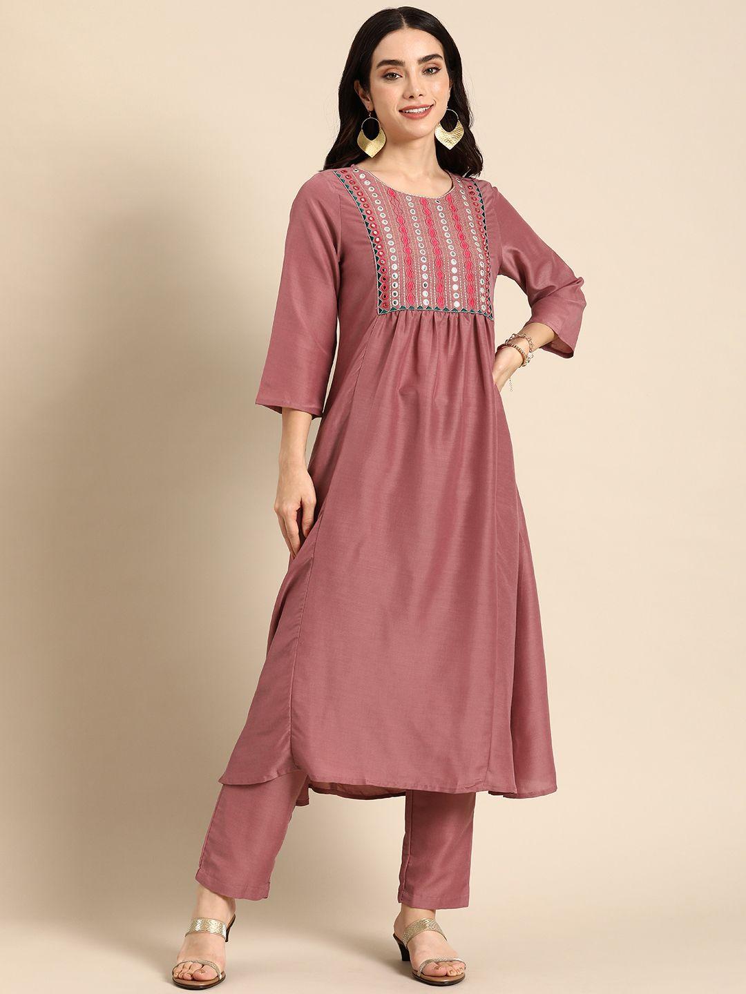 anouk women yoke design zari work kurta with trousers