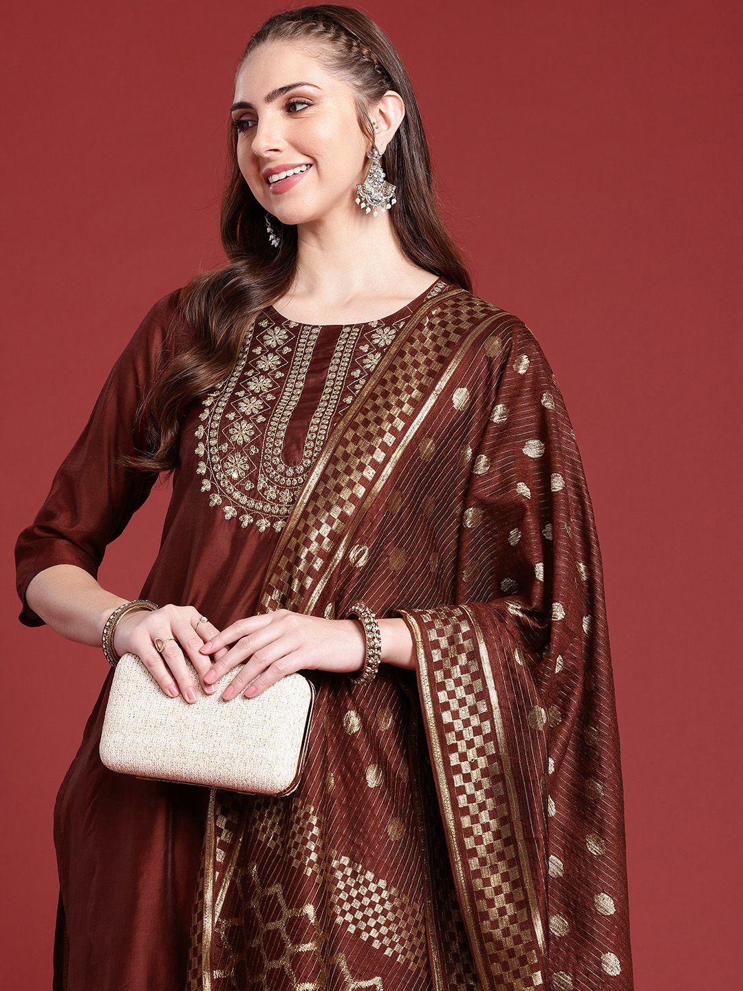 anouk woven design regular sequinned kurta with trousers & dupatta