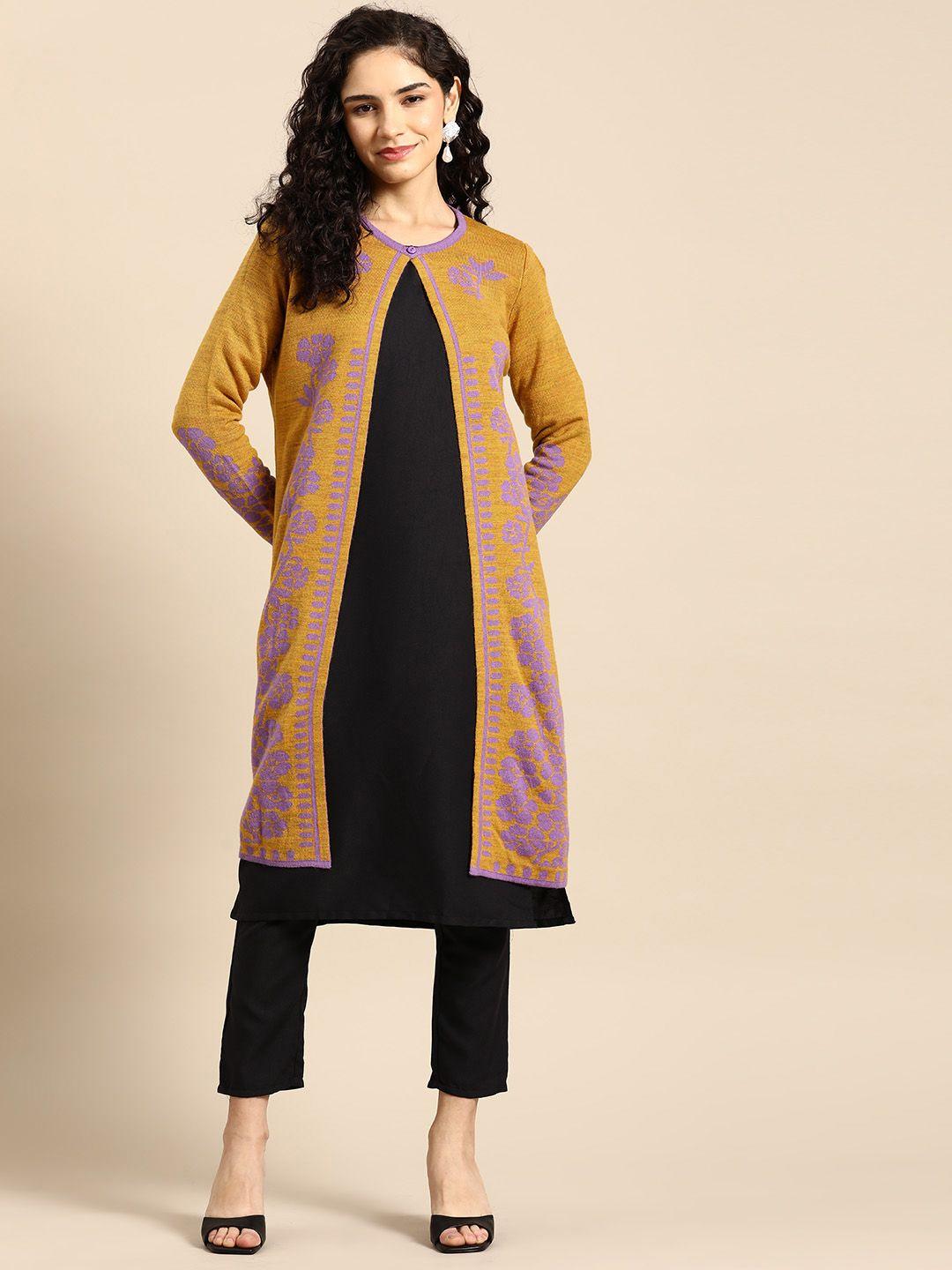 anouk woven designed front open longline sweater