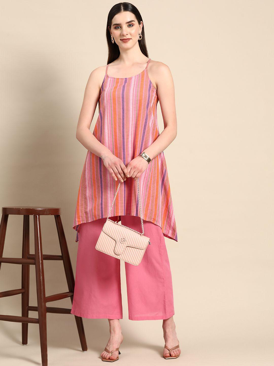 anouk x kaamkaaj women striped pleated pure cotton kurta with palazzos