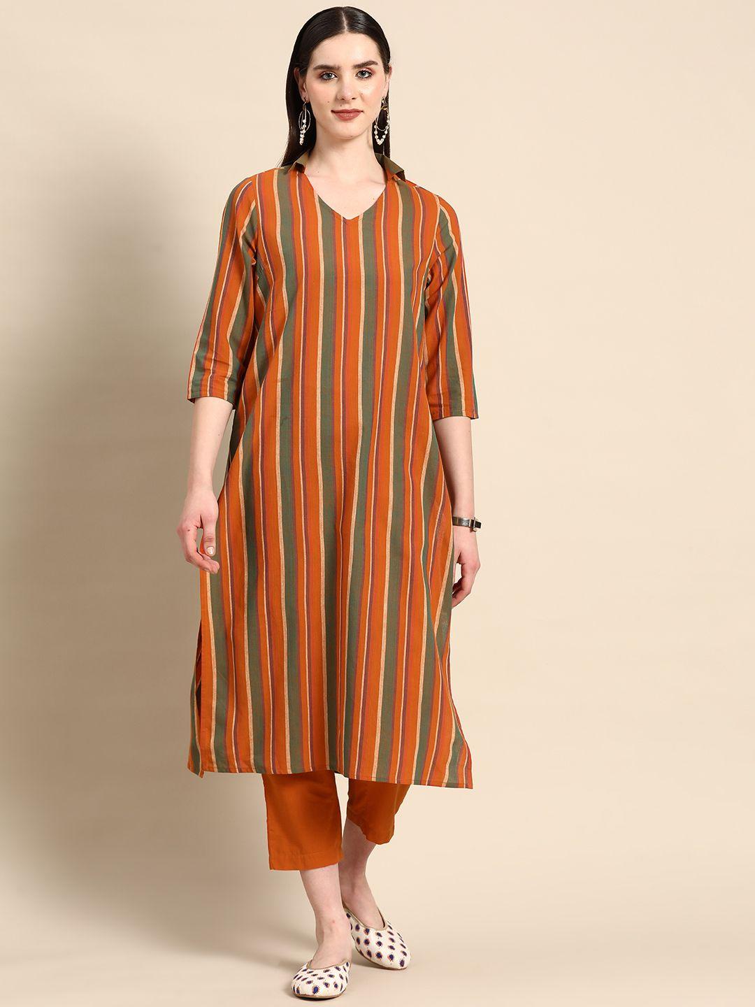 anouk x kaamkaaj women striped pure cotton kurta with trousers