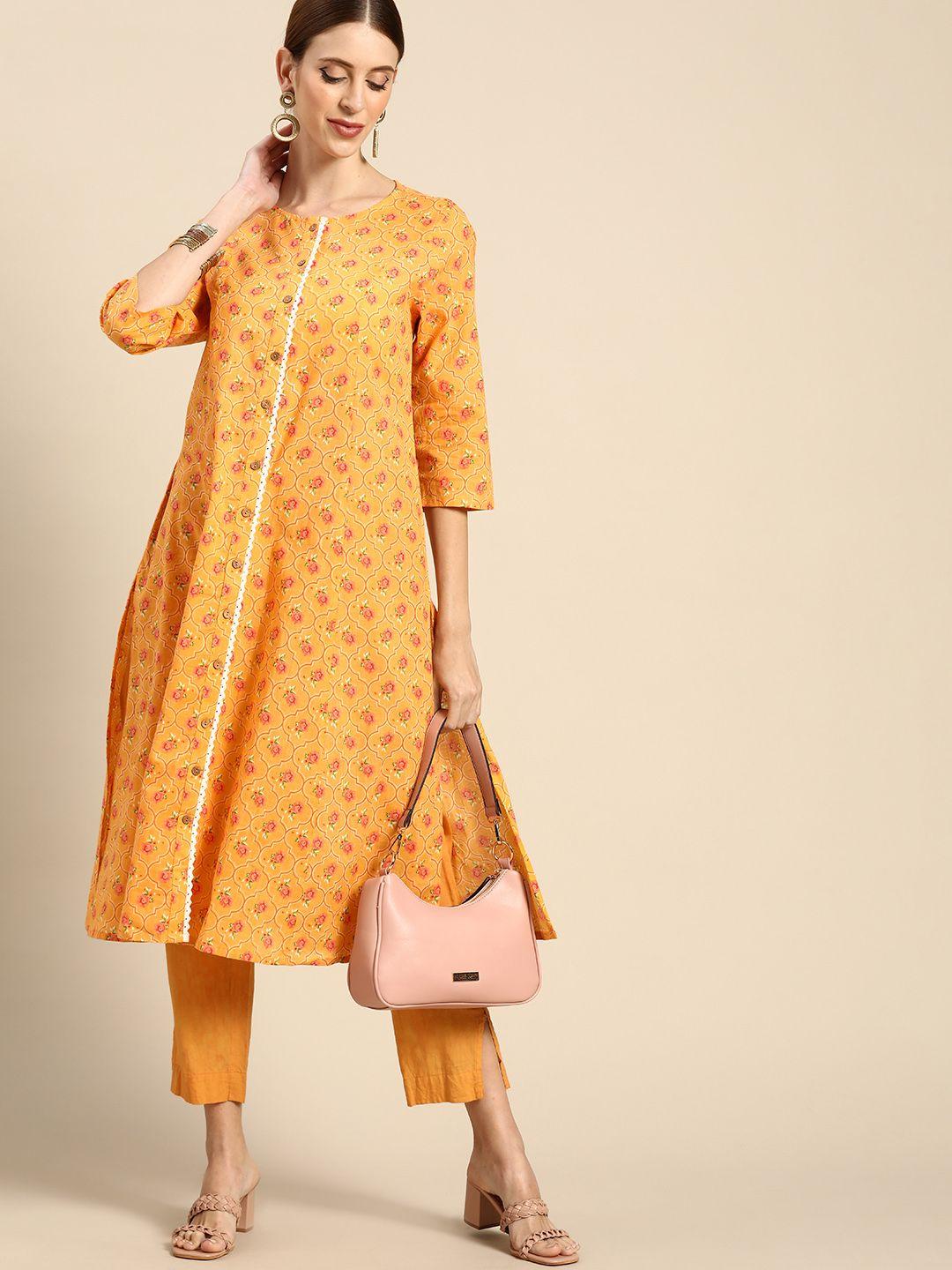 anouk x off the grid women yellow & pink pure cotton floral printed floral kurta