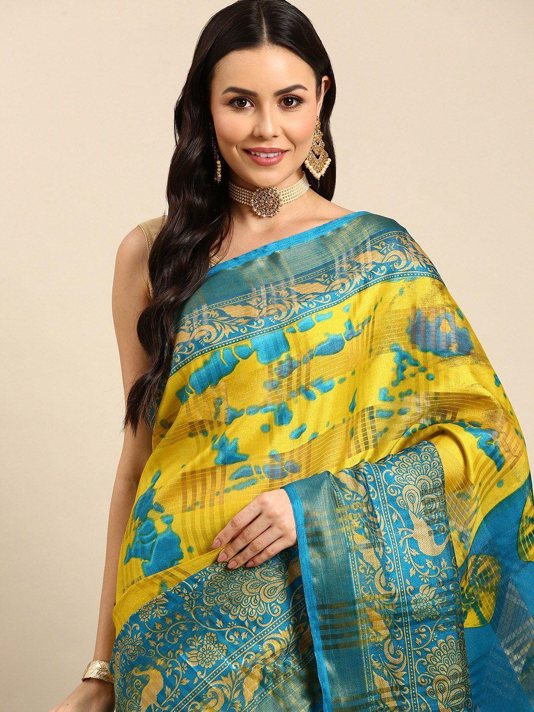 anouk yellow & blue bandhani pure cotton saree