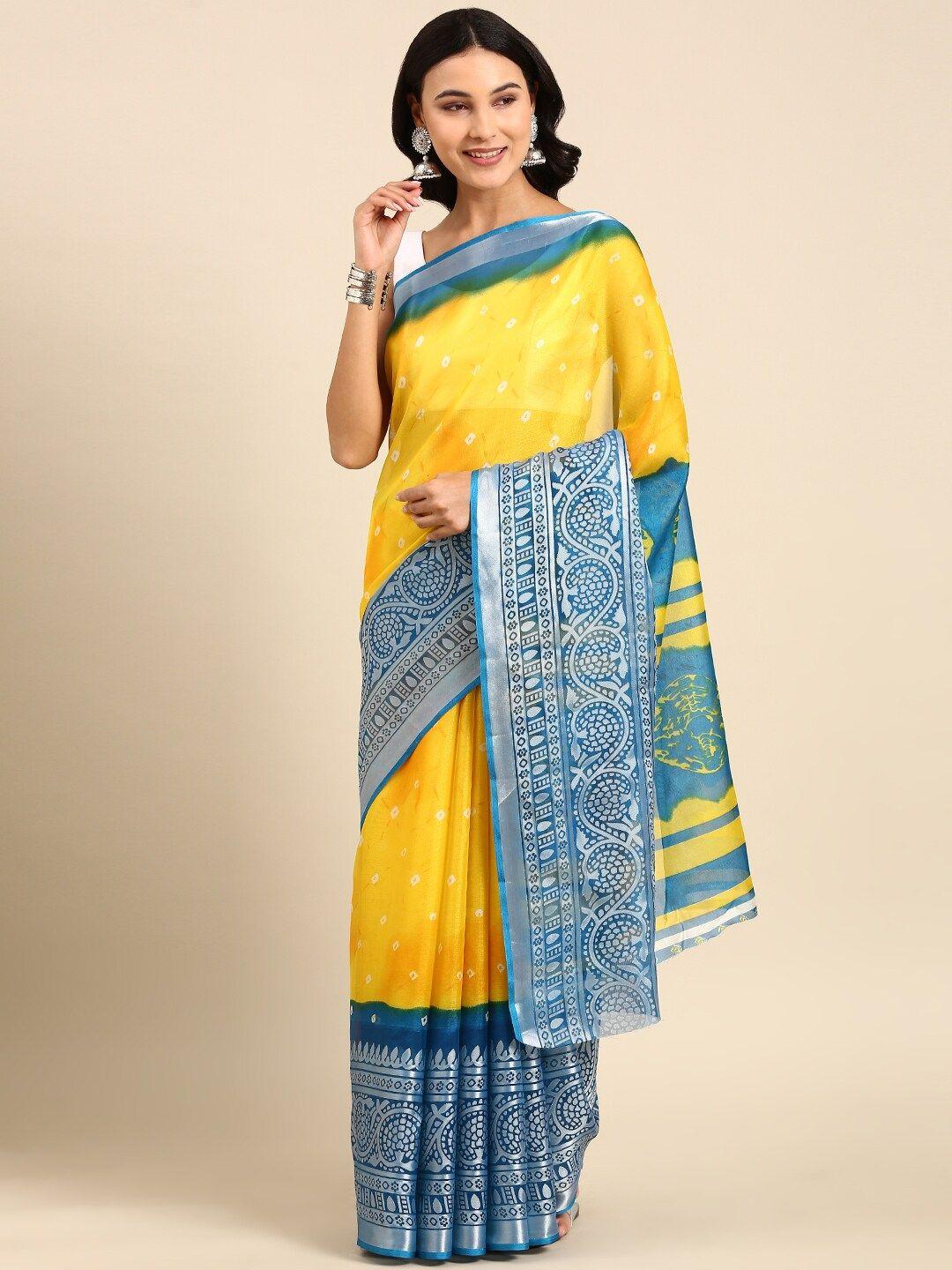 anouk yellow & blue bandhani zari pure cotton saree