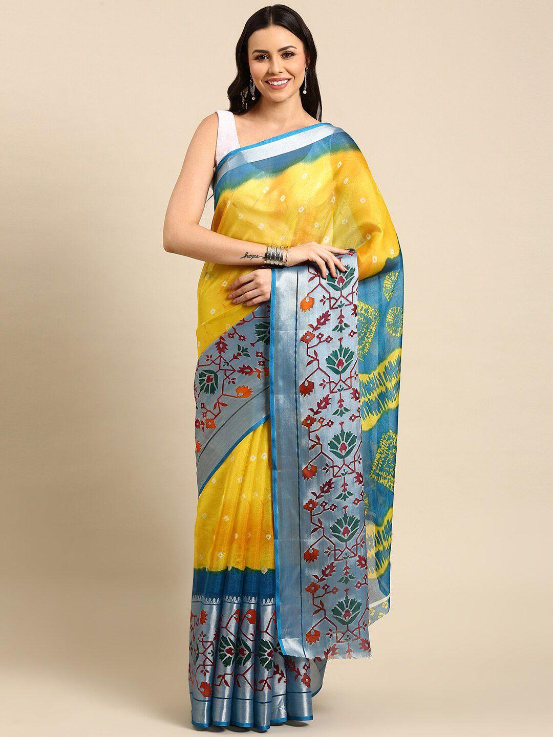 anouk yellow & blue bandhani zari pure cotton saree