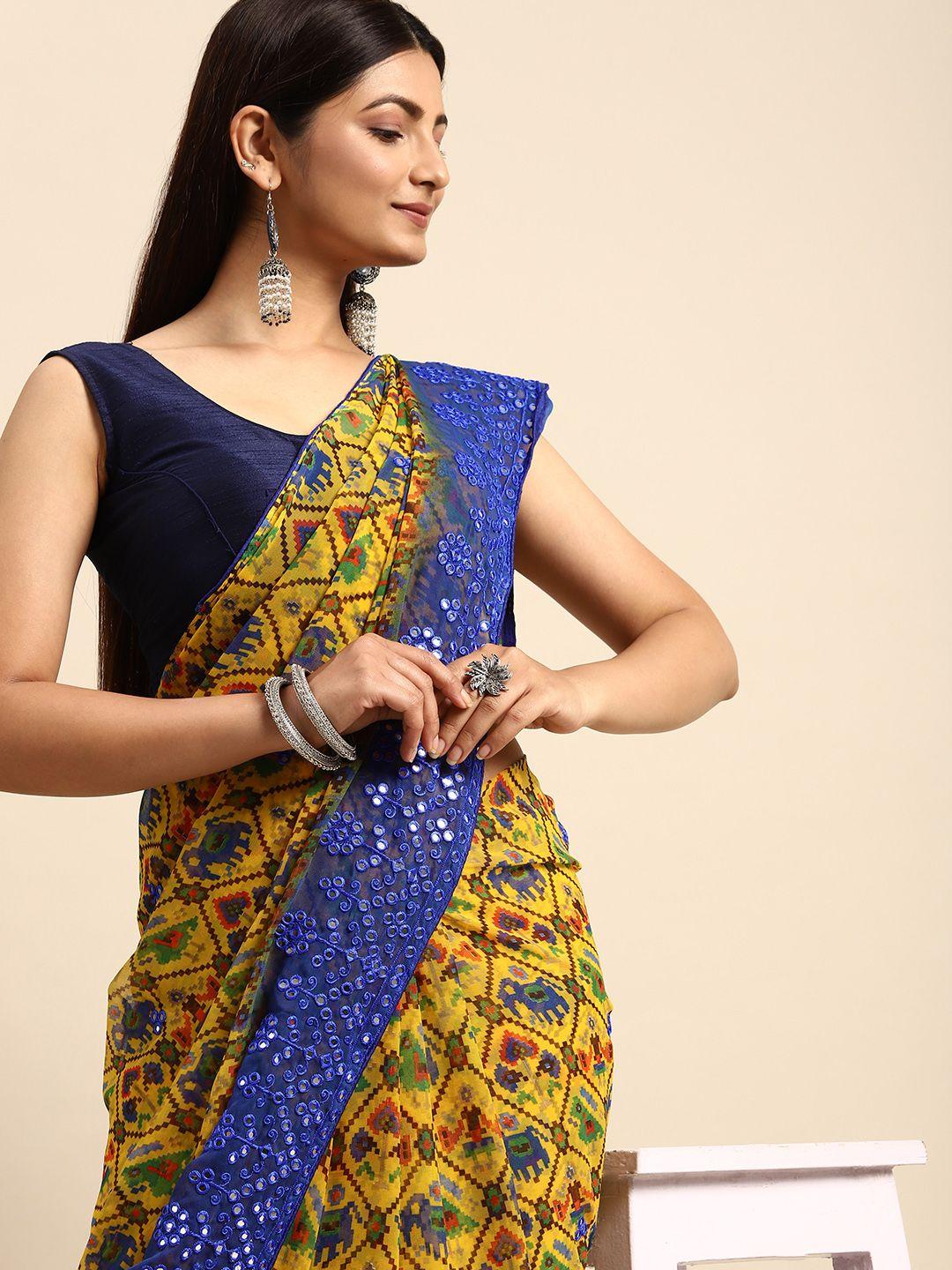anouk yellow & blue ethnic motifs mirror work pure georgette saree