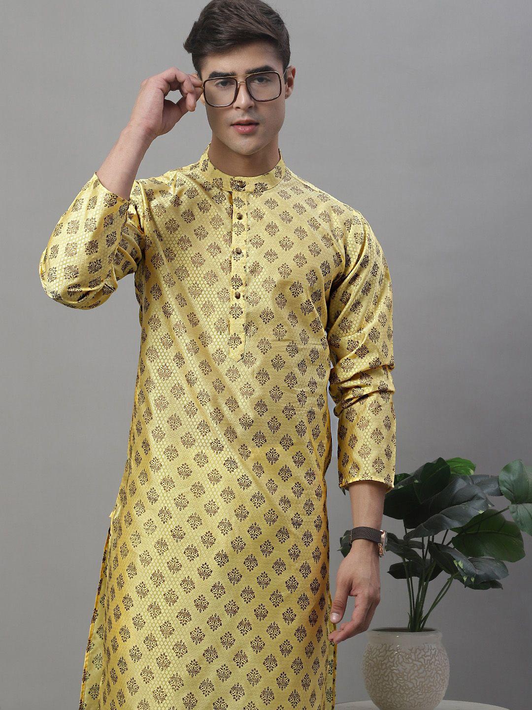 anouk yellow & brown ethnic motifs printed jacquard kurta