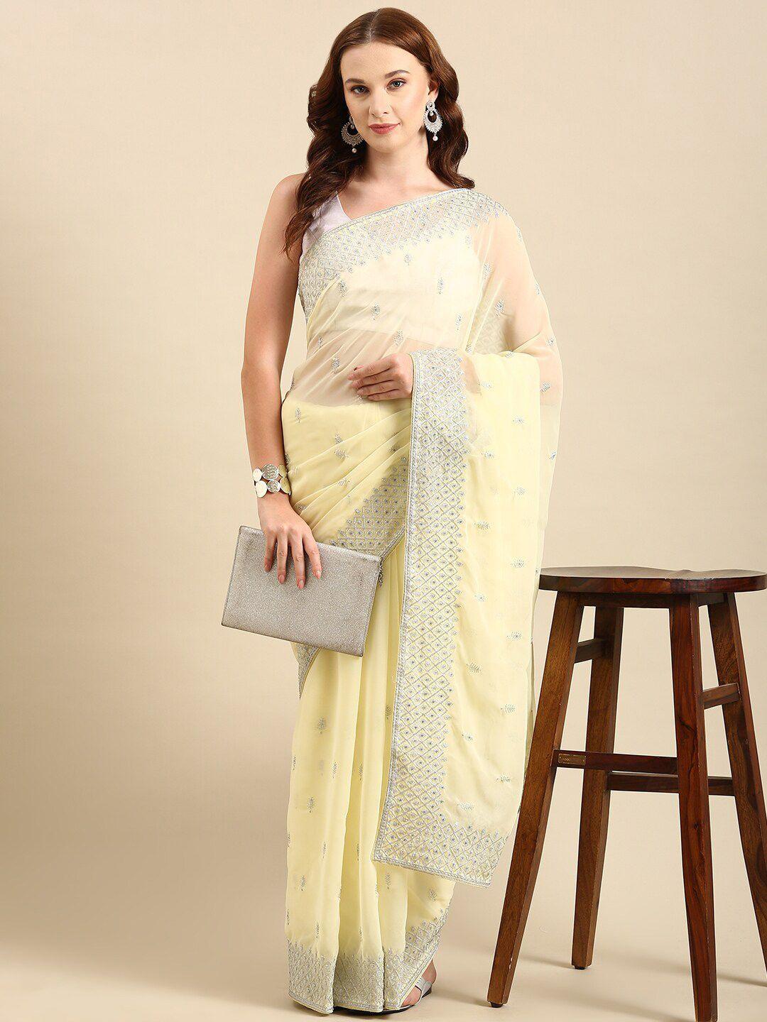 anouk yellow & gold-toned floral embroidered saree